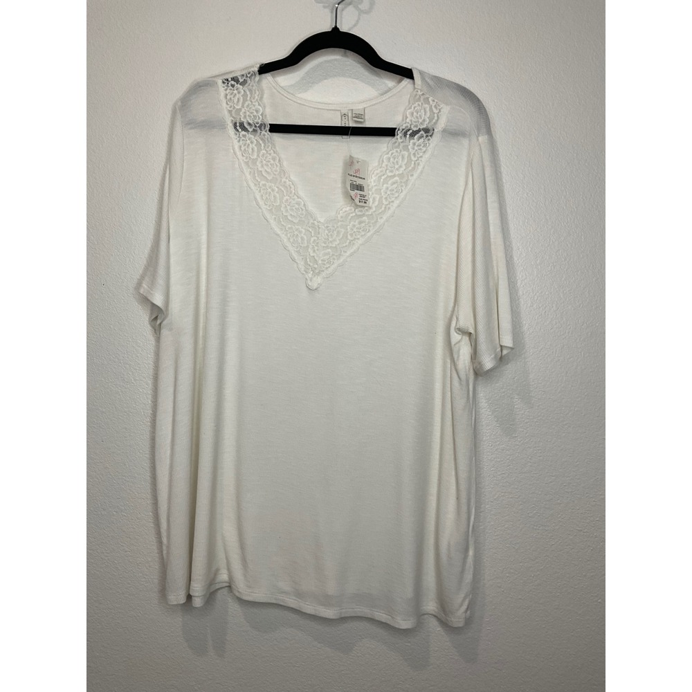 EST 1946 Plus Size‎ White Lace Trim V Neck Short Sleeve Top 18-20W